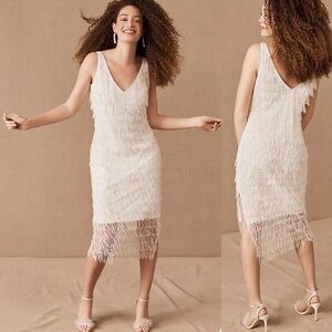 Bhldn Anthropologie Saylor Rayne Sequin Fringe V Neck Midi Dress, White, Size XS